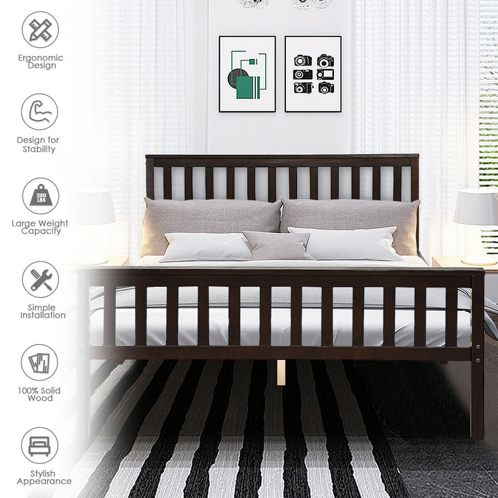 Queen Solid Pine Bed Frame with Slatted Headboard and 24 Inch Footboard, Espresso