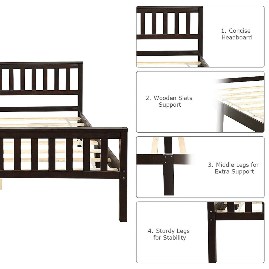 Queen Solid Pine Bed Frame with Slatted Headboard and 24 Inch Footboard, Espresso