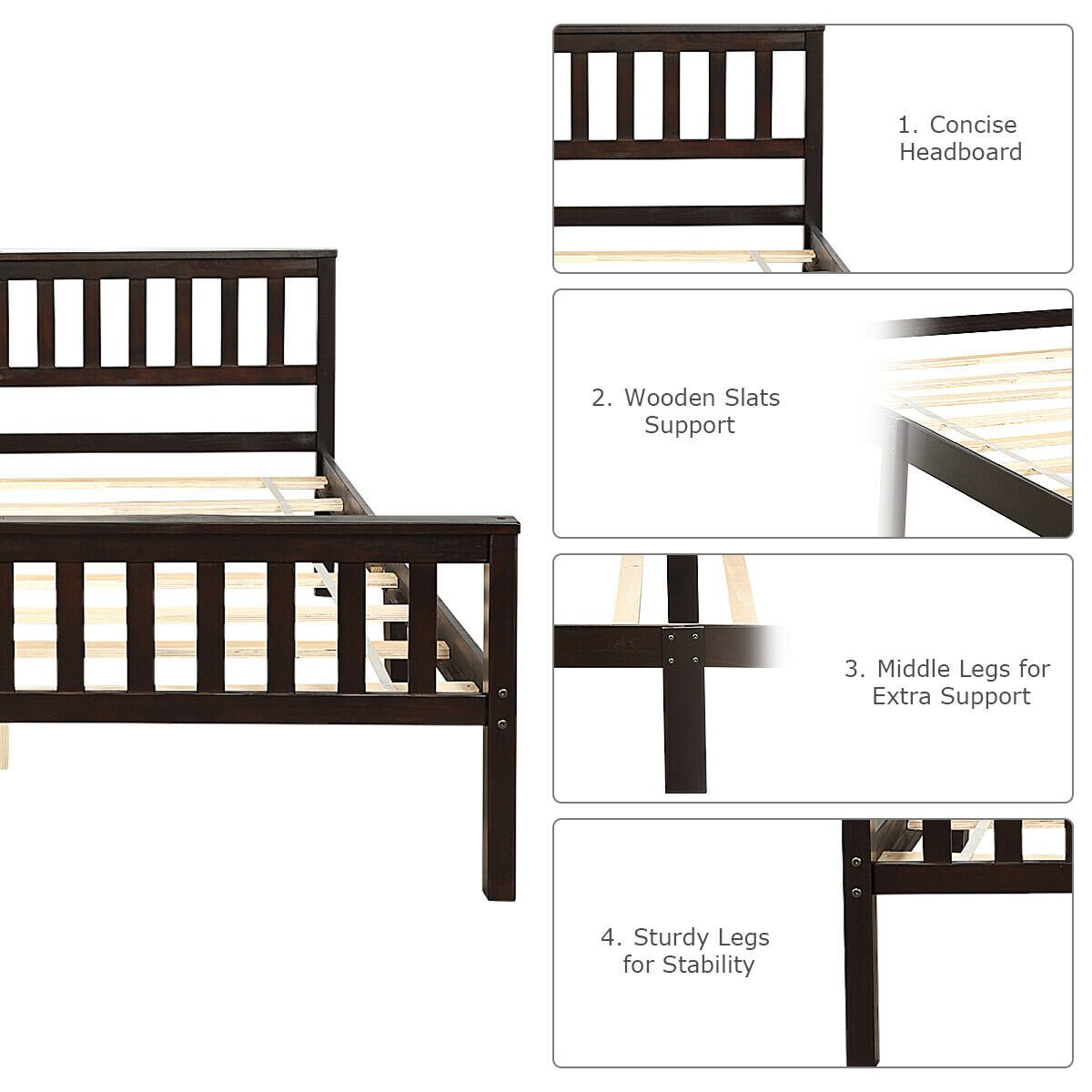 Queen Solid Pine Bed Frame with Slatted Headboard and 24 Inch Footboard, Espresso
