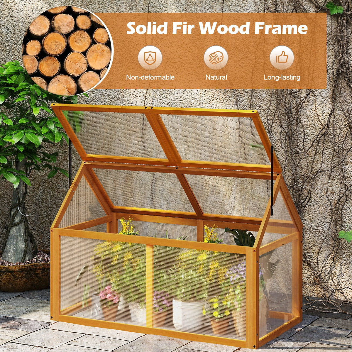 Wood Cold Frame Greenhouse Raised Flower Planter Protection with Adjustable Roof-Orange