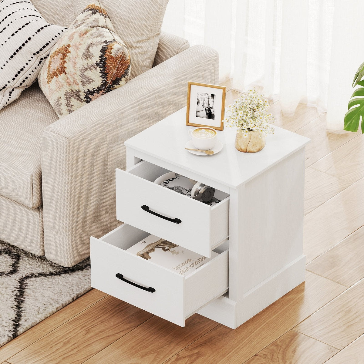 Wood Compact Floor Nightstand with Storage Drawers-White