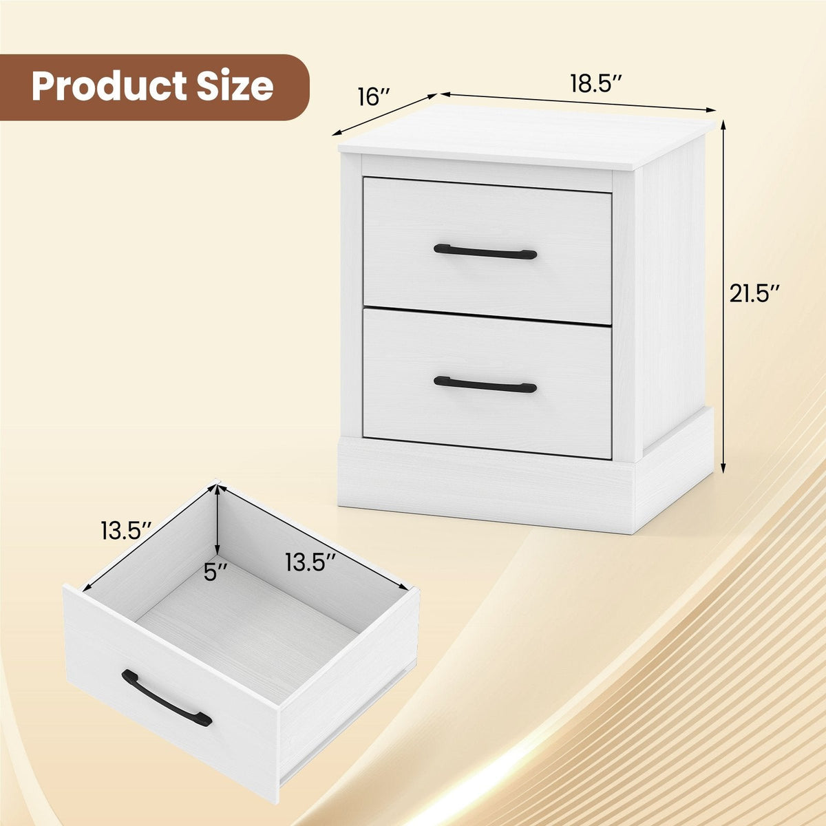 Wood Compact Floor Nightstand with Storage Drawers-White