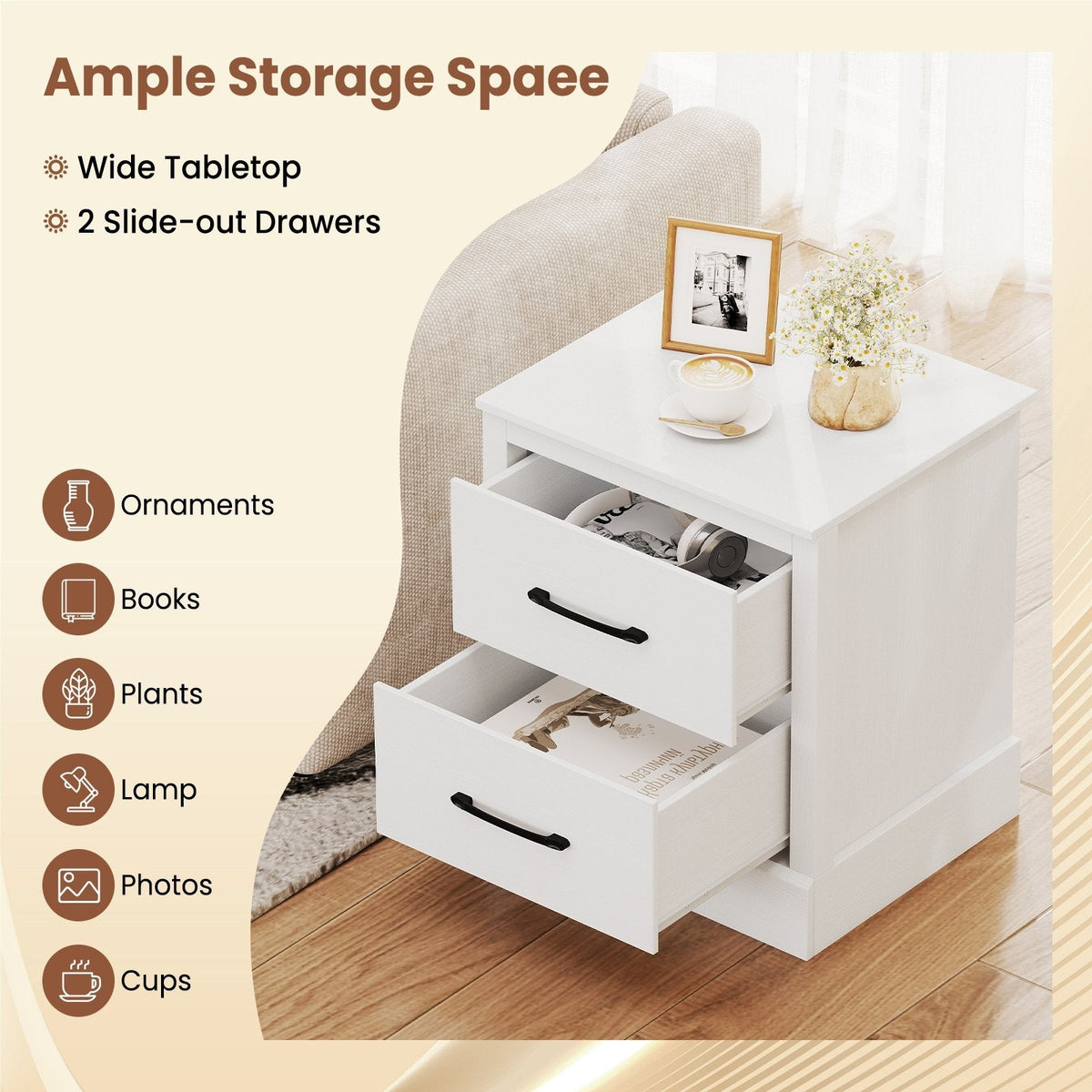 Wood Compact Floor Nightstand with Storage Drawers-White