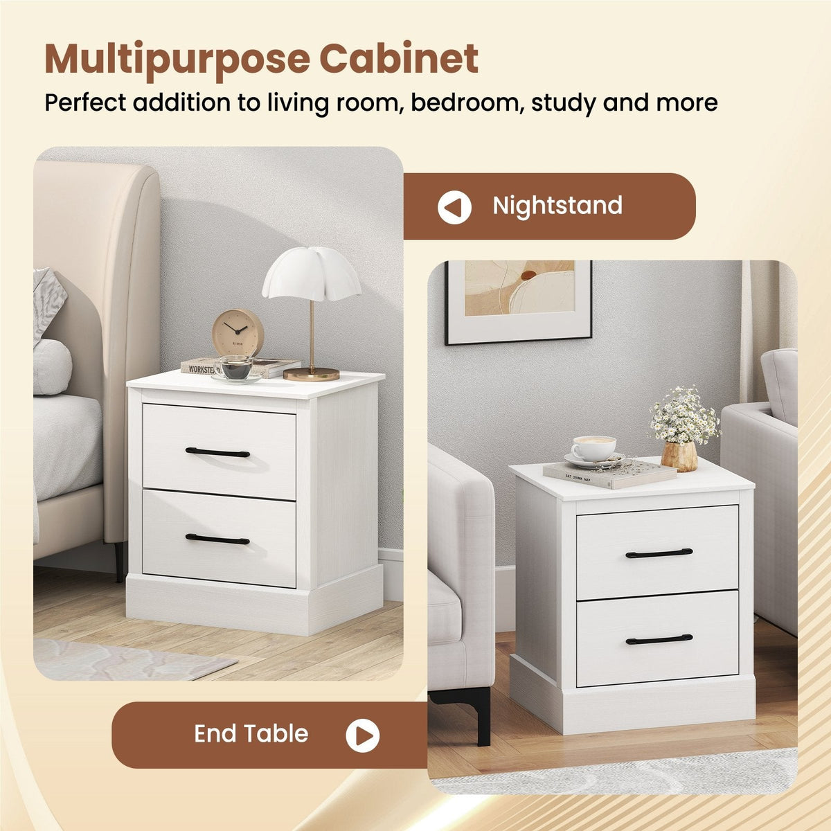 Wood Compact Floor Nightstand with Storage Drawers-White