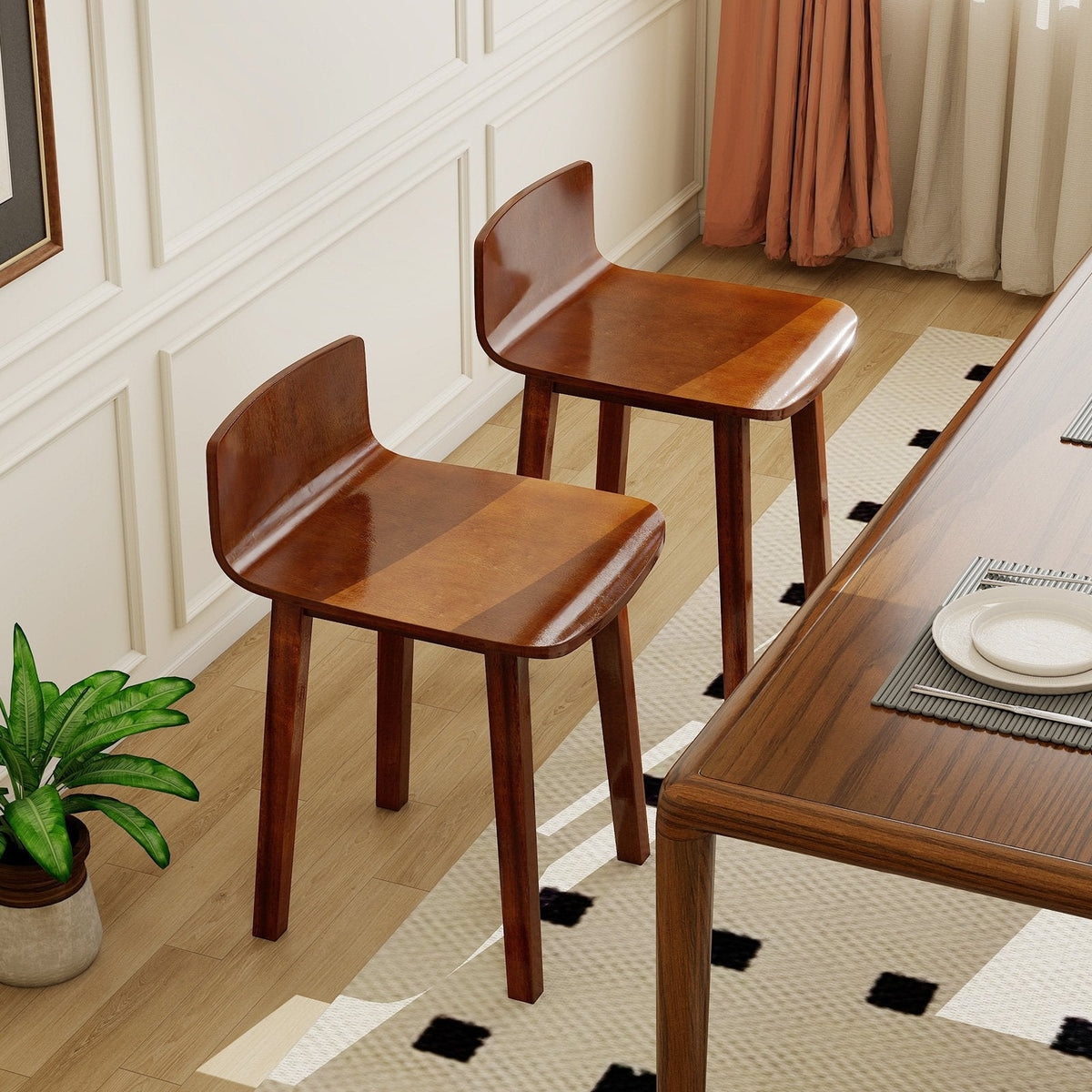 Set of 2 Low Back Dining Chairs with Curved Seat, Brown Acacia Wood