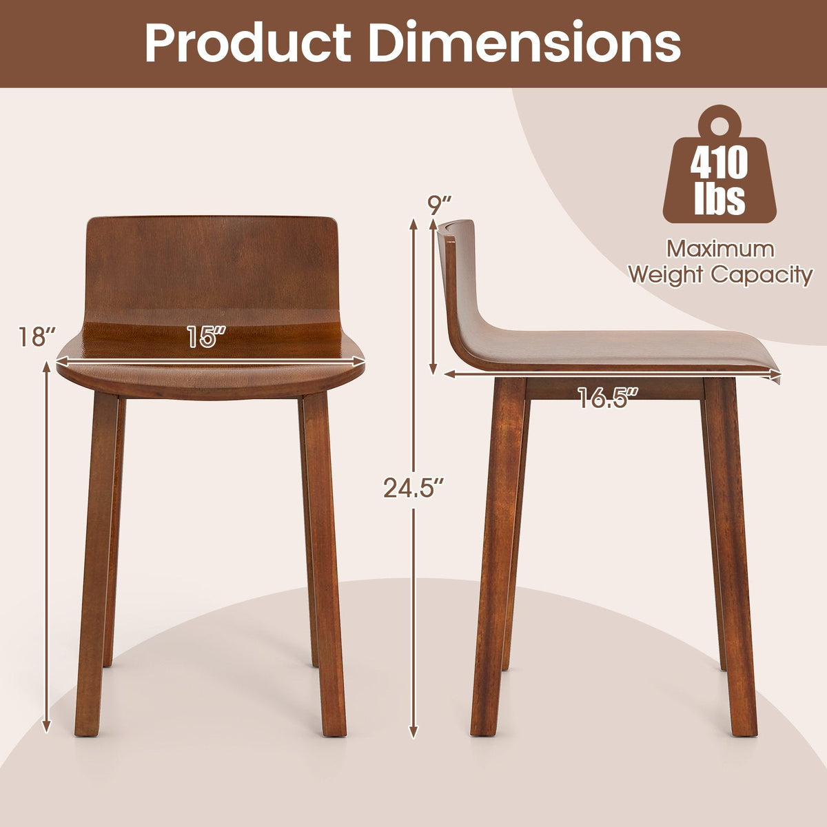 Set of 2 Low Back Dining Chairs with Curved Seat, Brown Acacia Wood