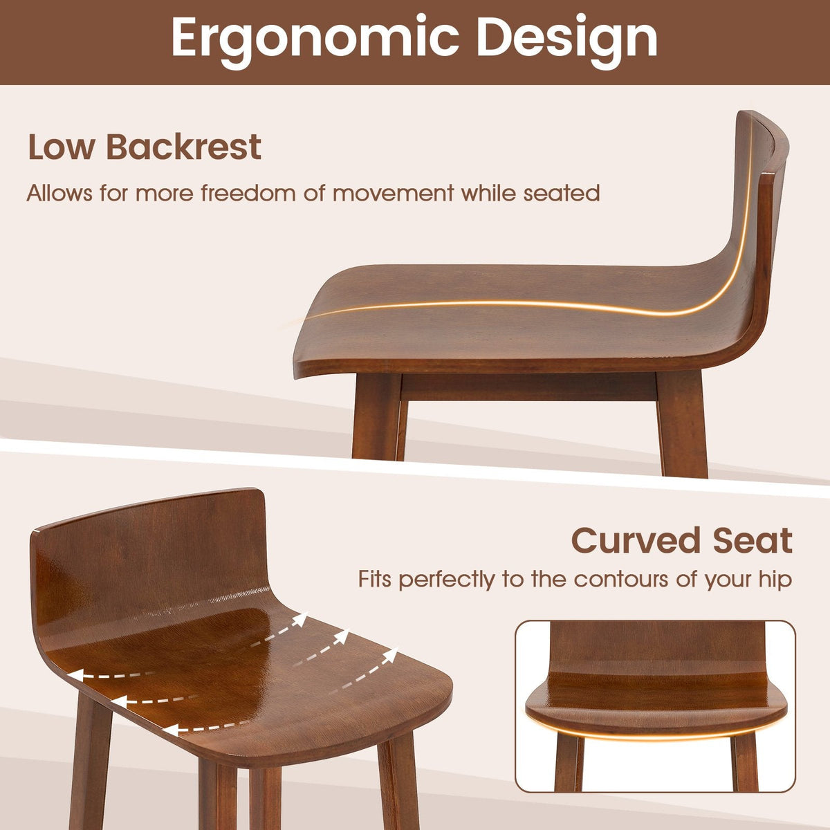 Set of 2 Low Back Dining Chairs with Curved Seat, Brown Acacia Wood
