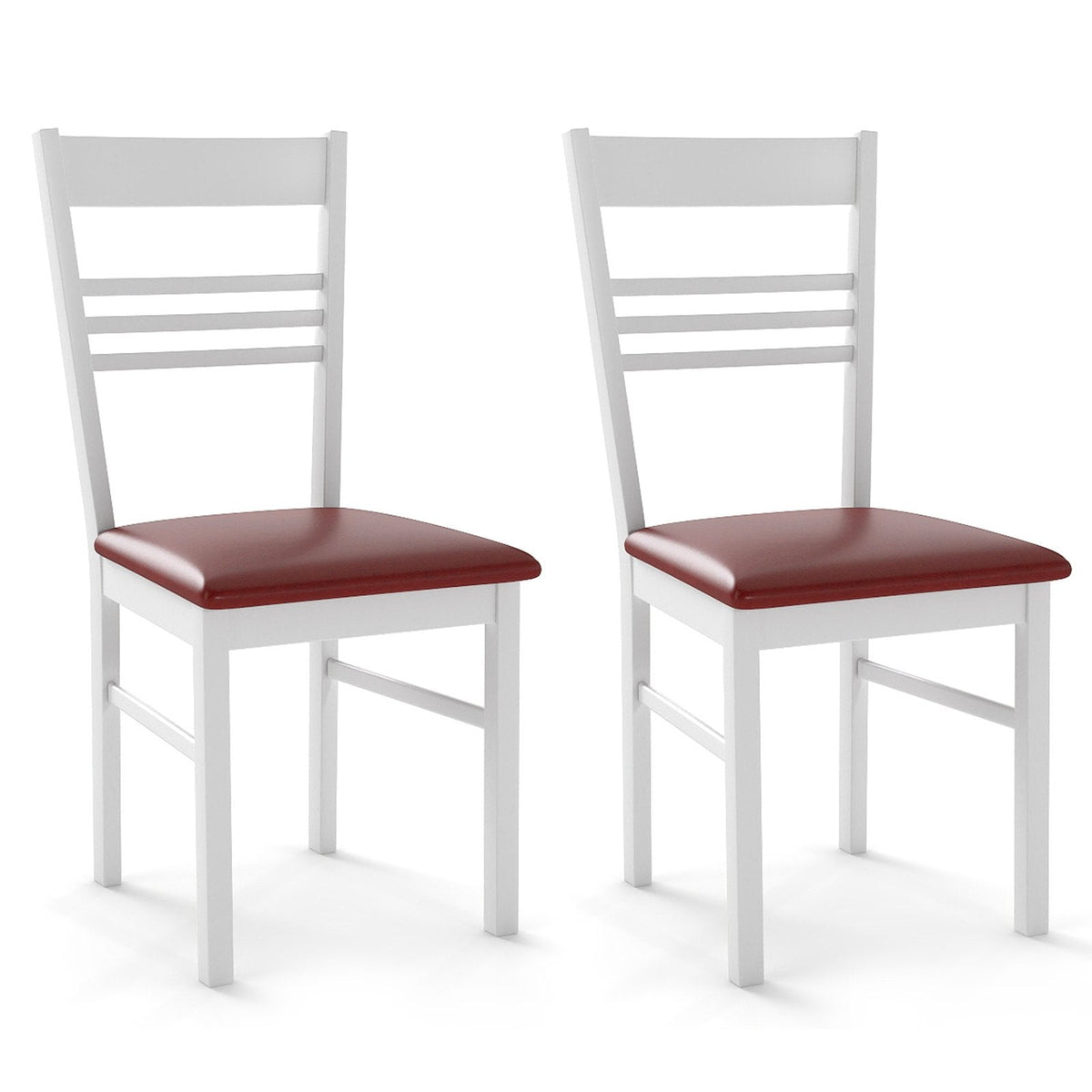 Set of 2 Ladder Back Dining Chairs with PU Leather Seat, White Rubber Wood