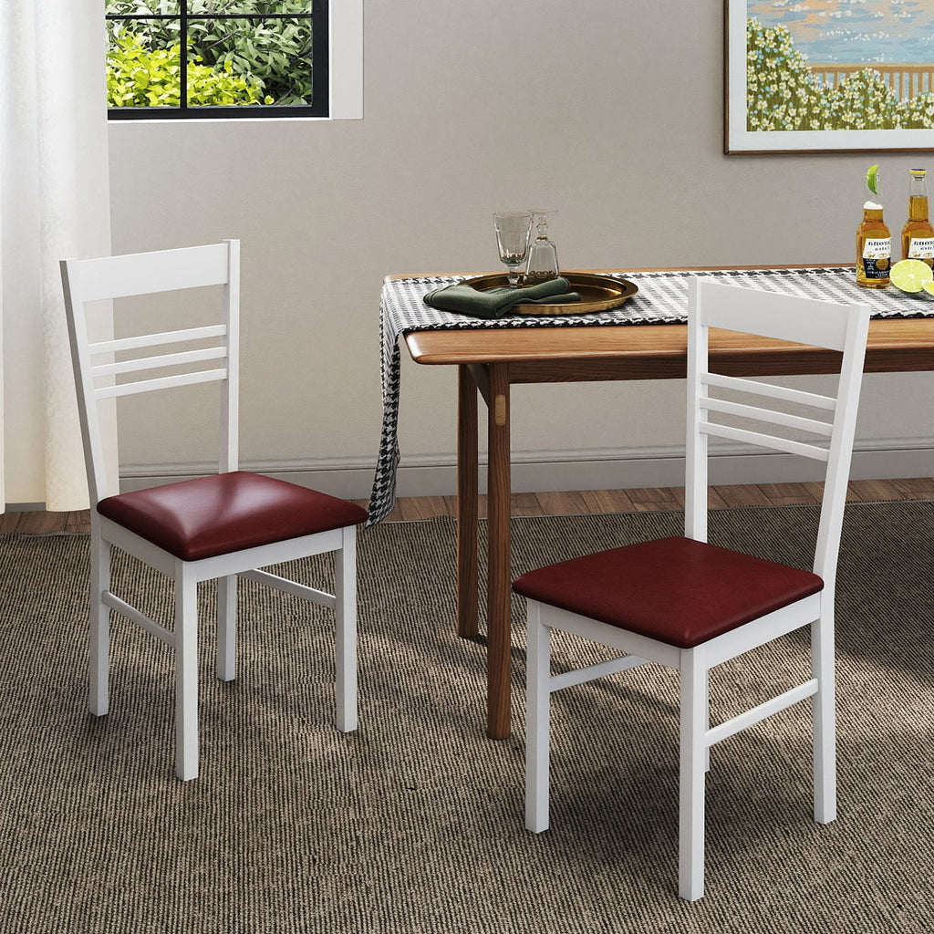 Set of 2 Ladder Back Dining Chairs with PU Leather Seat, White Rubber Wood