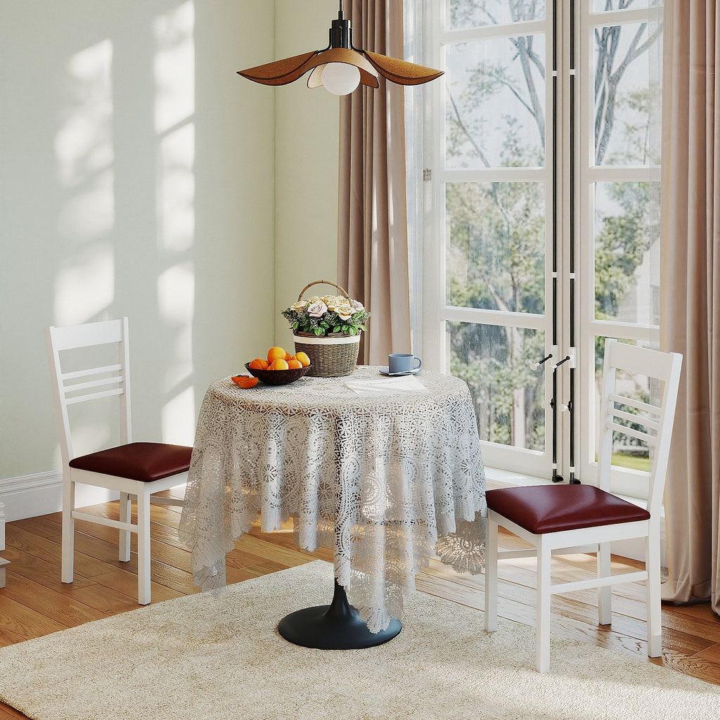 Set of 2 Ladder Back Dining Chairs with PU Leather Seat, White Rubber Wood