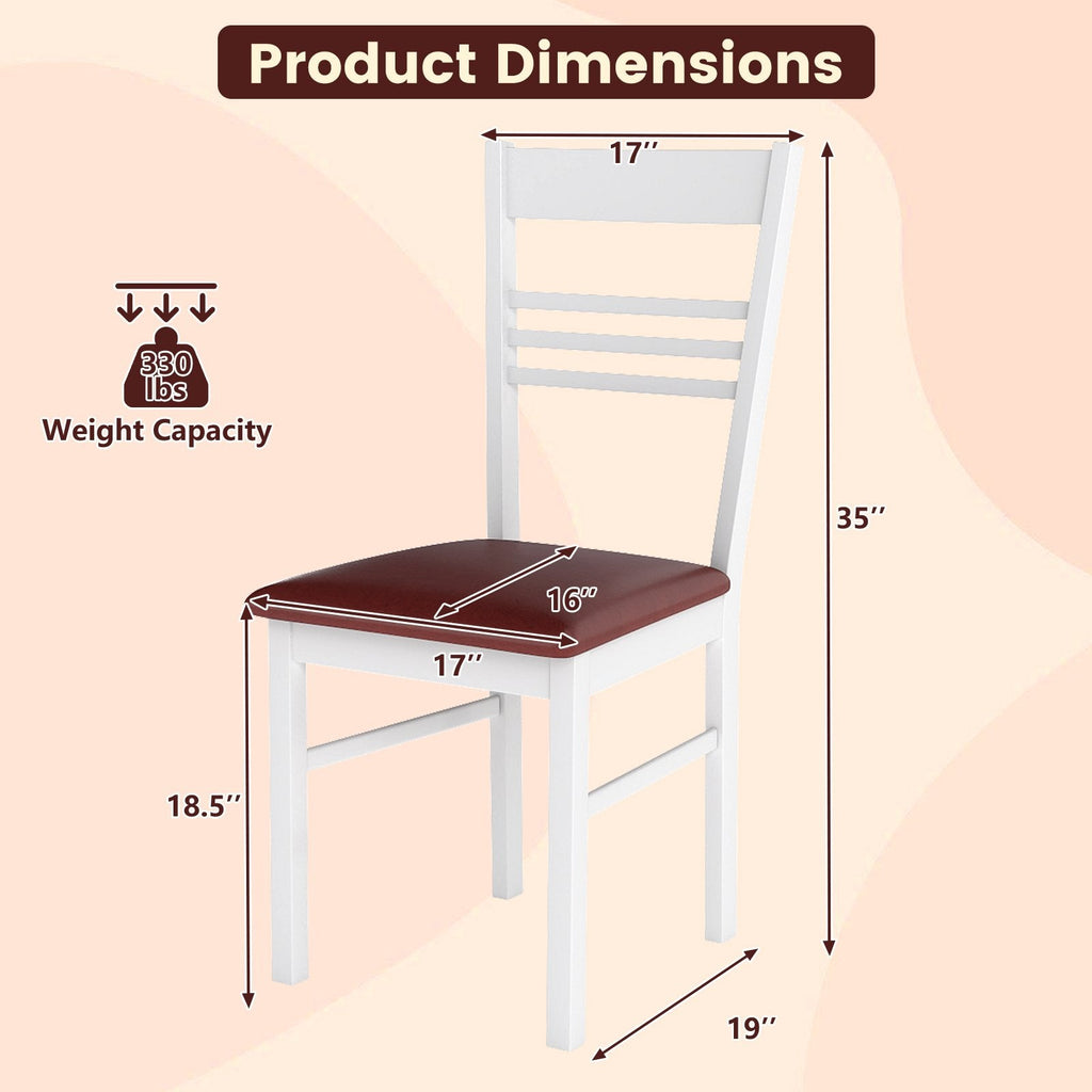 Set of 2 Ladder Back Dining Chairs with PU Leather Seat, White Rubber Wood
