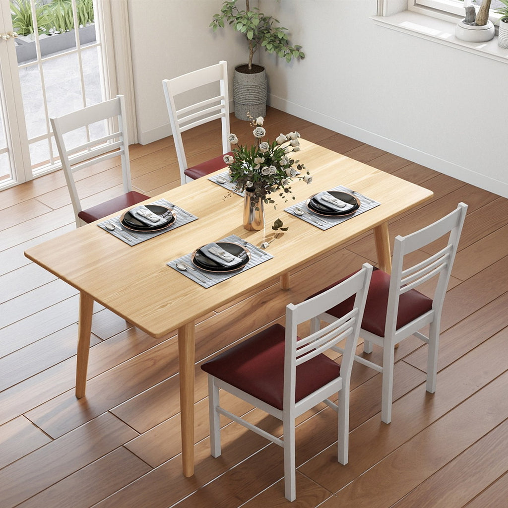 Set of 2 Ladder Back Dining Chairs with PU Leather Seat, White Rubber Wood