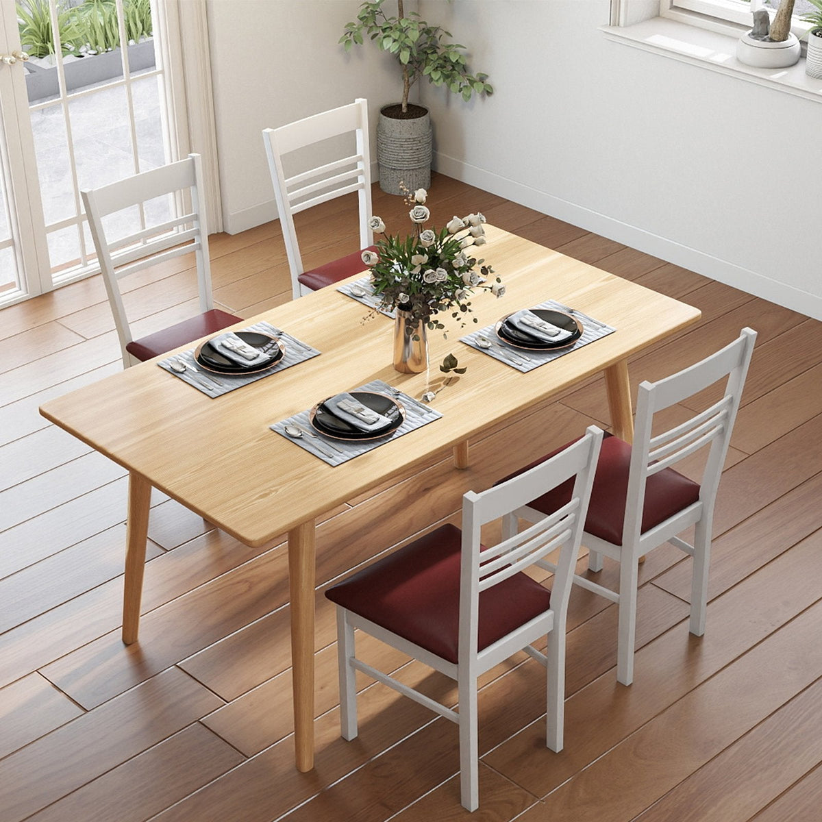 Set of 2 Ladder Back Dining Chairs with PU Leather Seat, White Rubber Wood