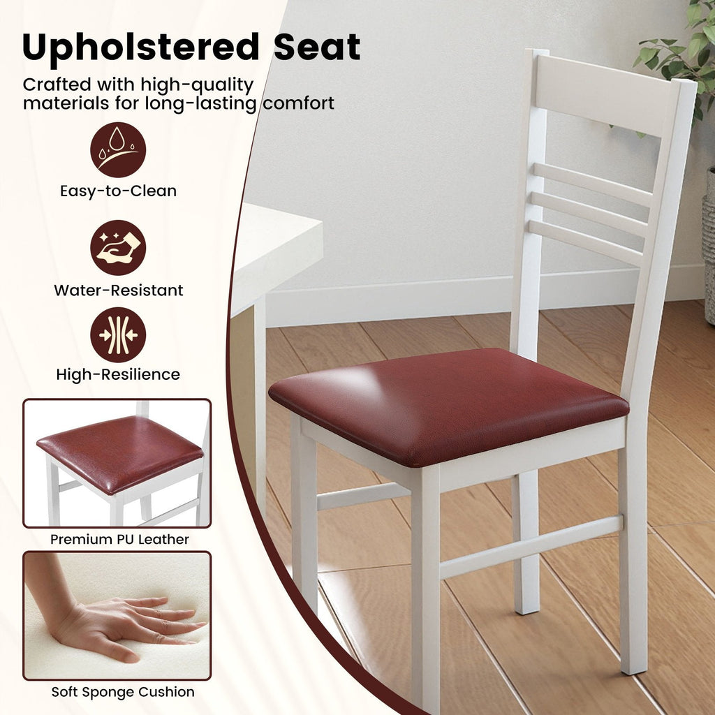 Set of 2 Ladder Back Dining Chairs with PU Leather Seat, White Rubber Wood