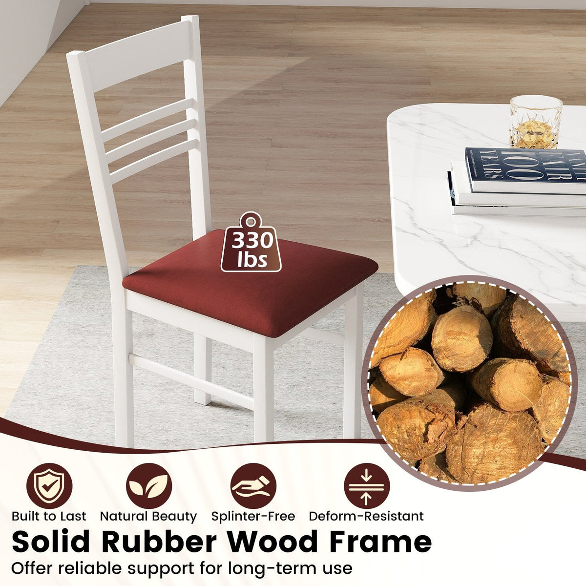 Set of 2 Ladder Back Dining Chairs with PU Leather Seat, White Rubber Wood
