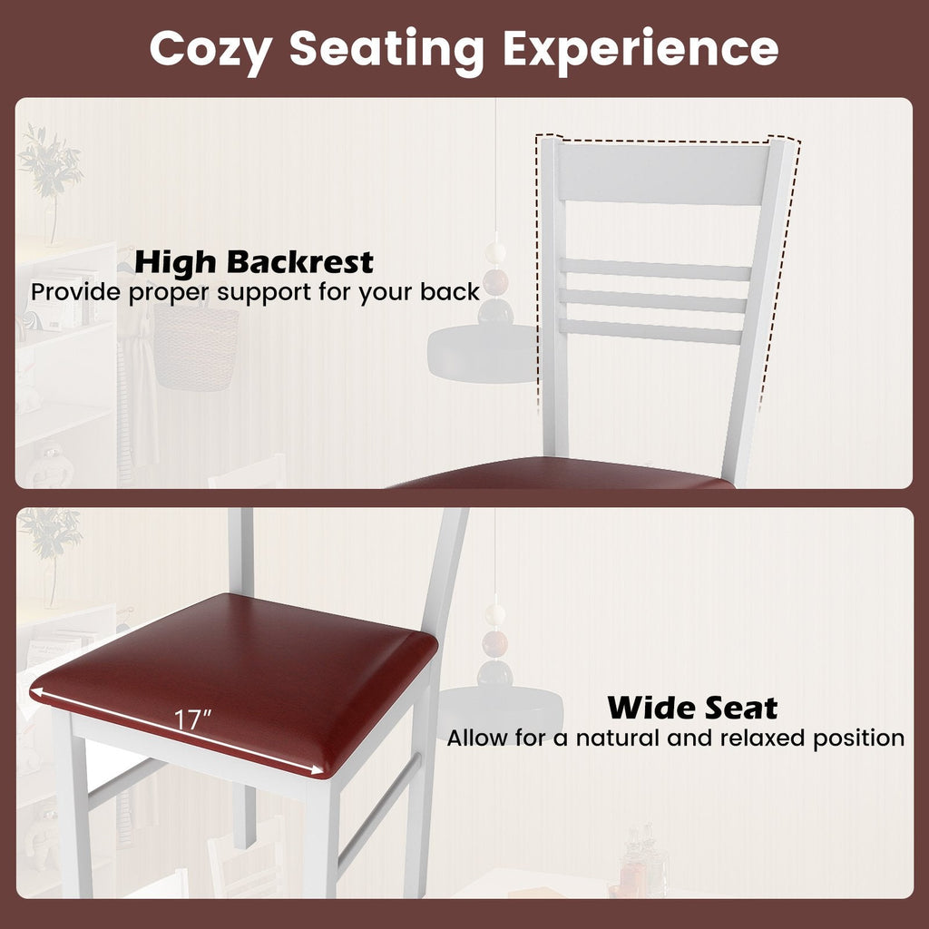 Set of 2 Ladder Back Dining Chairs with PU Leather Seat, White Rubber Wood