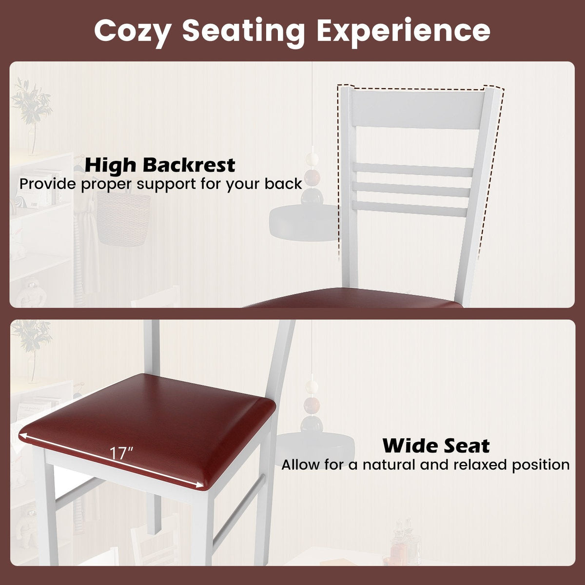 Set of 2 Ladder Back Dining Chairs with PU Leather Seat, White Rubber Wood