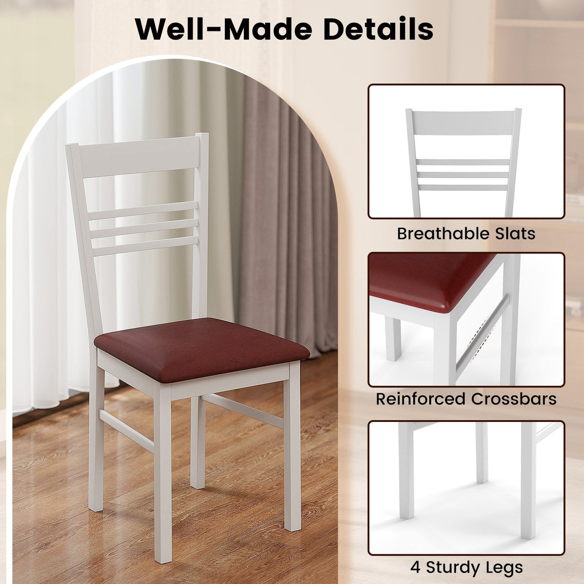 Set of 2 Ladder Back Dining Chairs with PU Leather Seat, White Rubber Wood