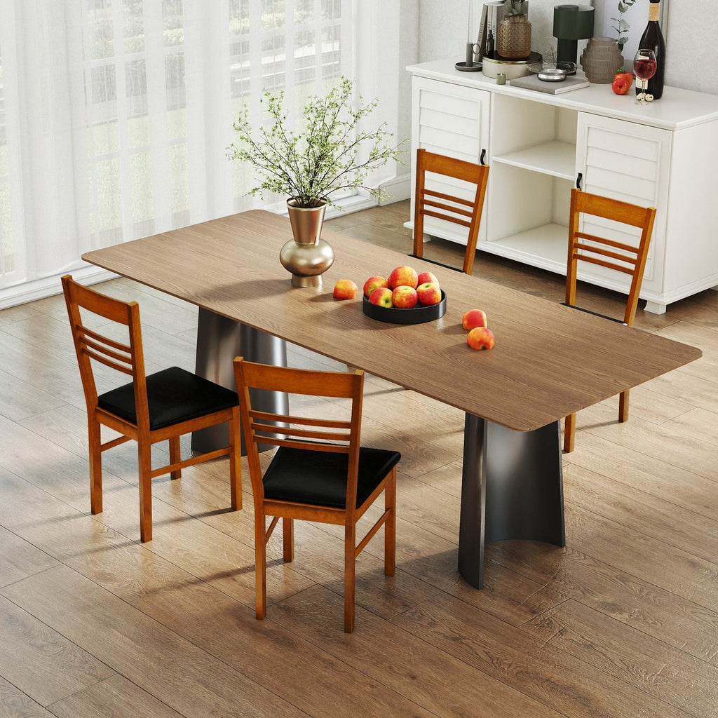 Set of 4 Ladder Back Dining Chairs with PU Leather Seat, Walnut Rubber Wood