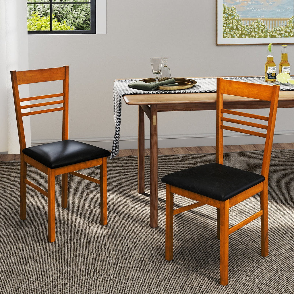 Set of 4 Ladder Back Dining Chairs with PU Leather Seat, Walnut Rubber Wood