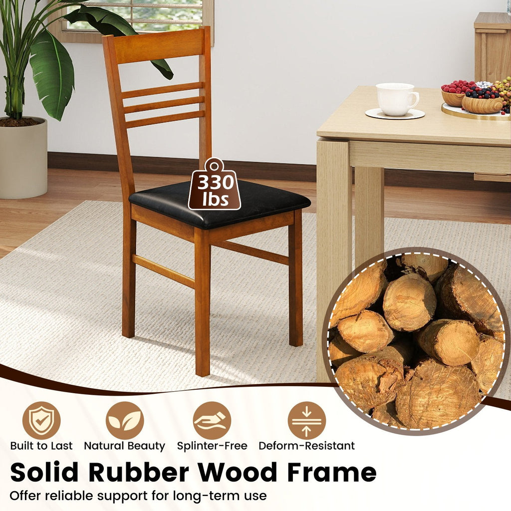 Set of 4 Ladder Back Dining Chairs with PU Leather Seat, Walnut Rubber Wood
