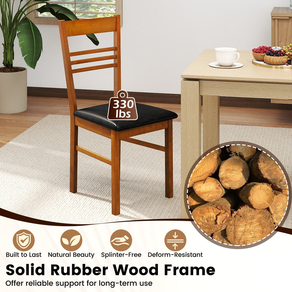 Set of 4 Ladder Back Dining Chairs with PU Leather Seat, Walnut Rubber Wood