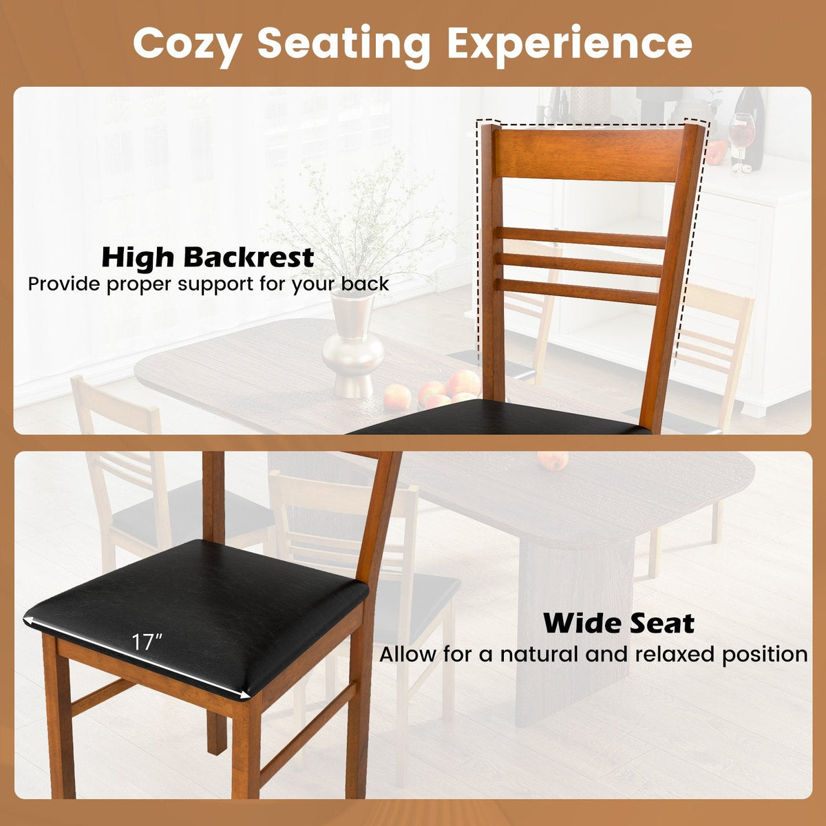 Set of 4 Ladder Back Dining Chairs with PU Leather Seat, Walnut Rubber Wood