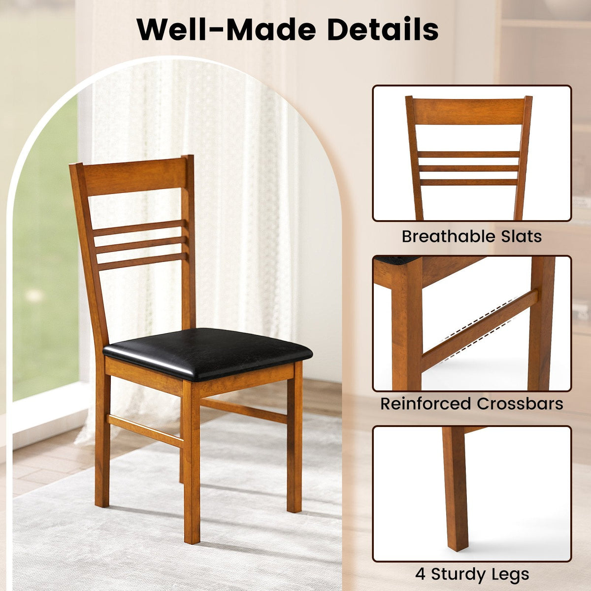 Set of 4 Ladder Back Dining Chairs with PU Leather Seat, Walnut Rubber Wood