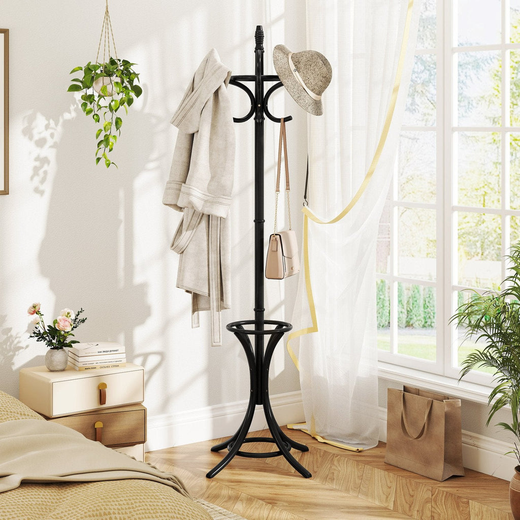 Wood Standing Hat Coat Rack with Umbrella Stand-Black