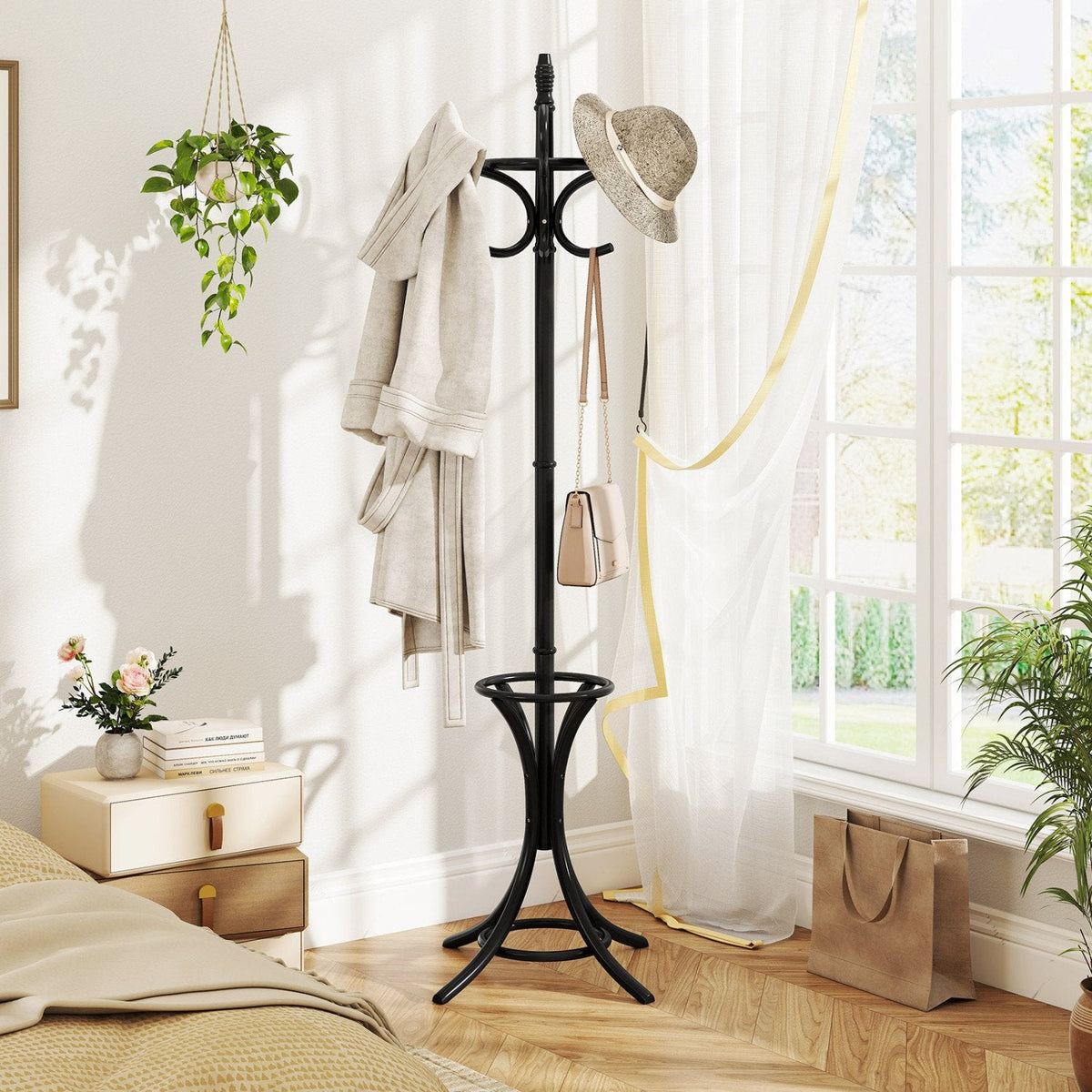 Wood Standing Hat Coat Rack with Umbrella Stand-Black