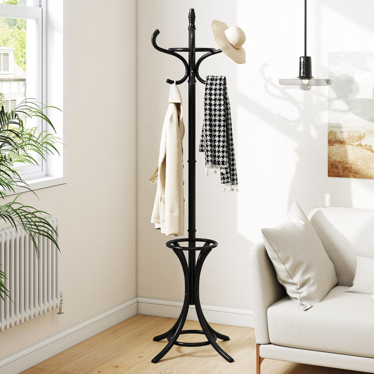 Wood Standing Hat Coat Rack with Umbrella Stand-Black