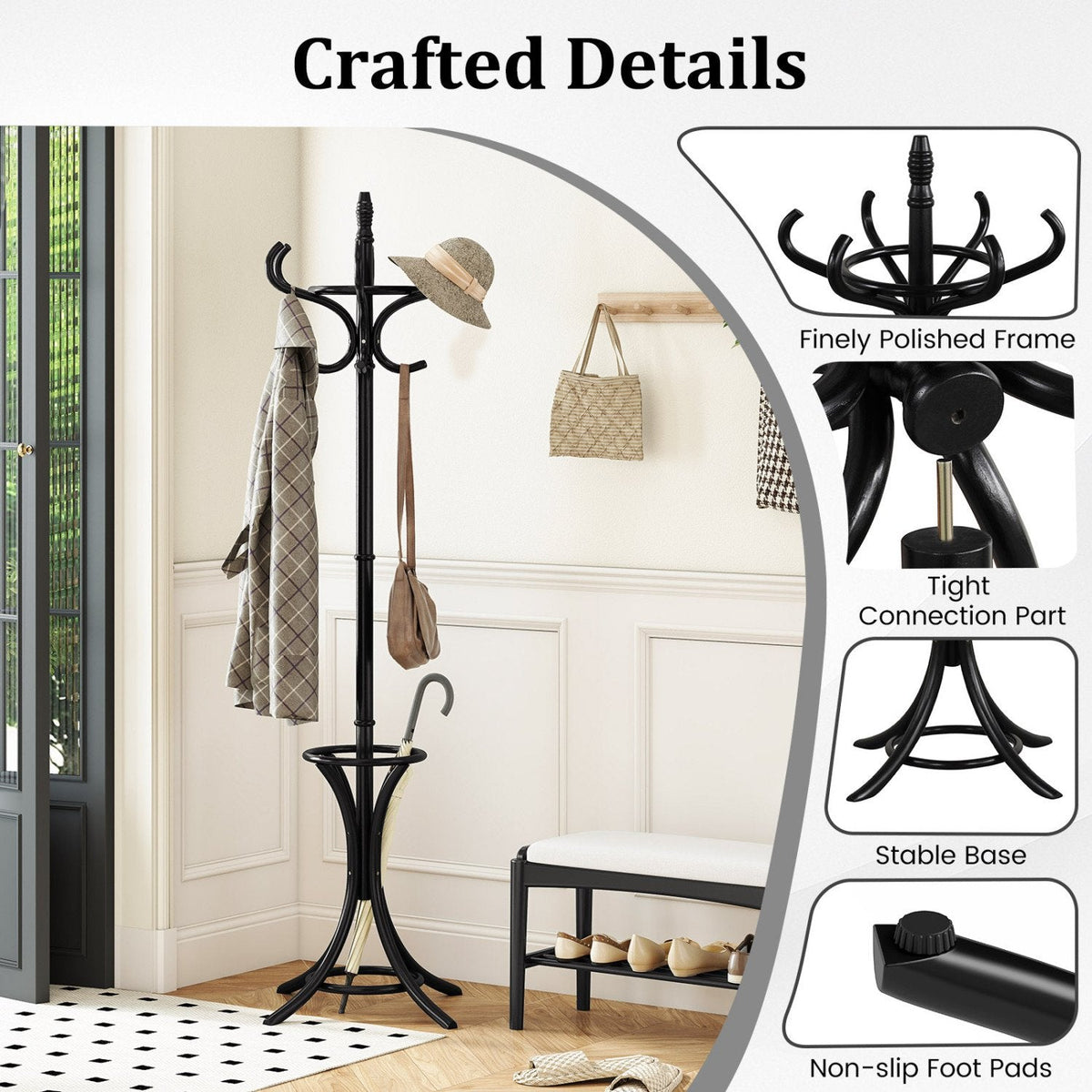 Wood Standing Hat Coat Rack with Umbrella Stand-Black