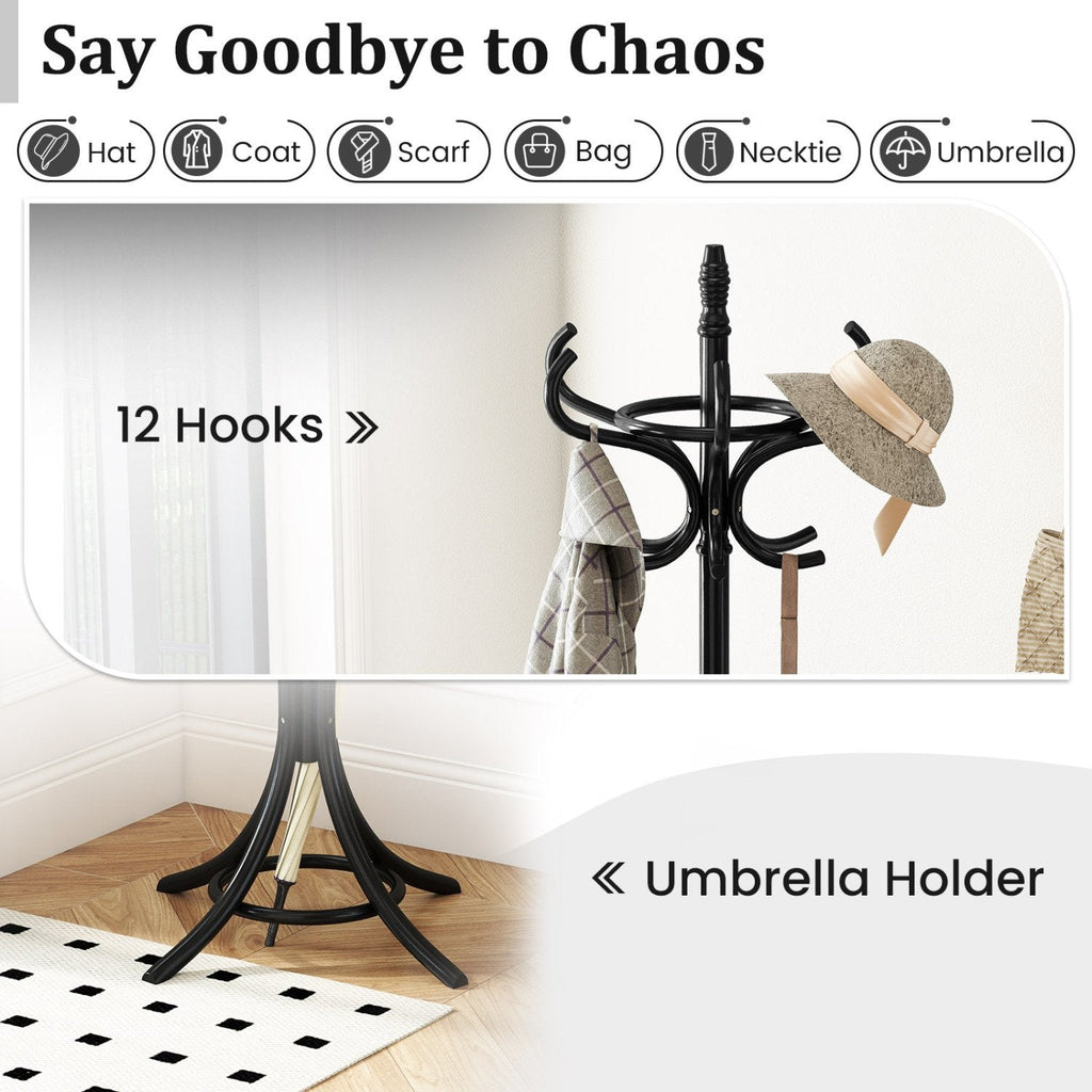 Wood Standing Hat Coat Rack with Umbrella Stand-Black