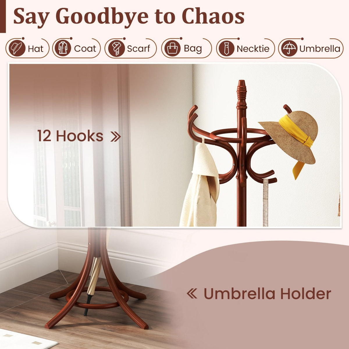 Wood Standing Hat Coat Rack with Umbrella Stand-Brown