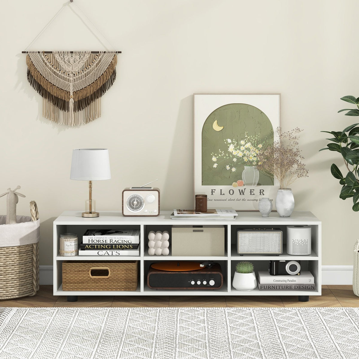 TV Stand for TV up to 55 Inch with 6 Storage Compartments-White