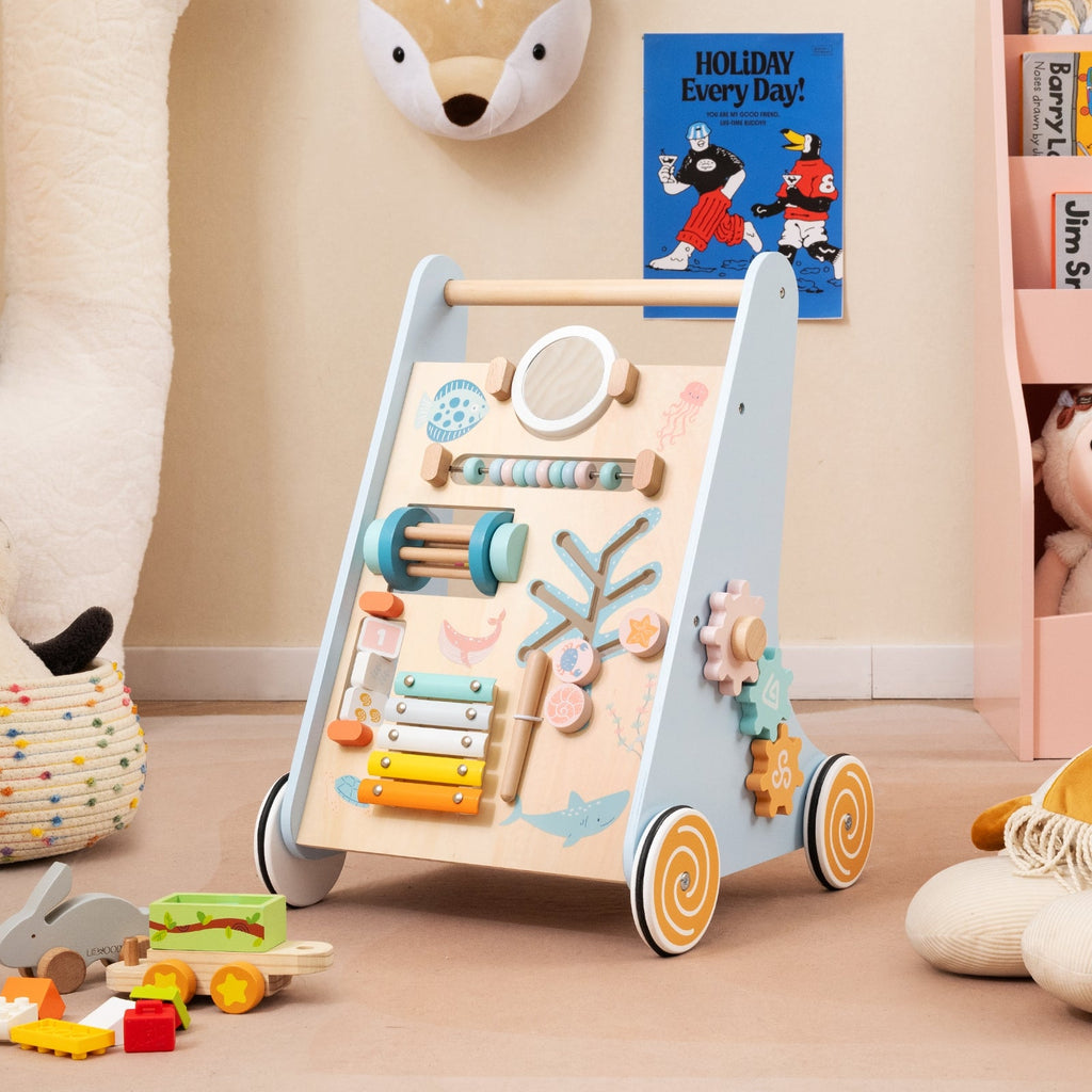 Wooden Baby Walker Push and Pull Learning Activity Center with Wheels-Blue