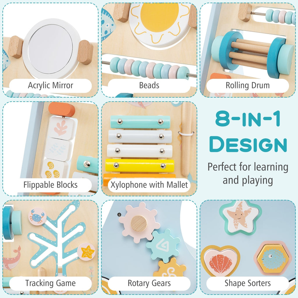 Wooden Baby Walker Push and Pull Learning Activity Center with Wheels-Blue