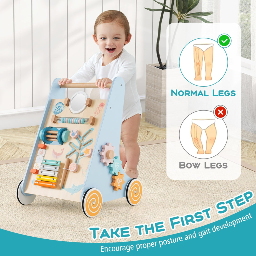 Wooden Baby Walker Push and Pull Learning Activity Center with Wheels-Blue