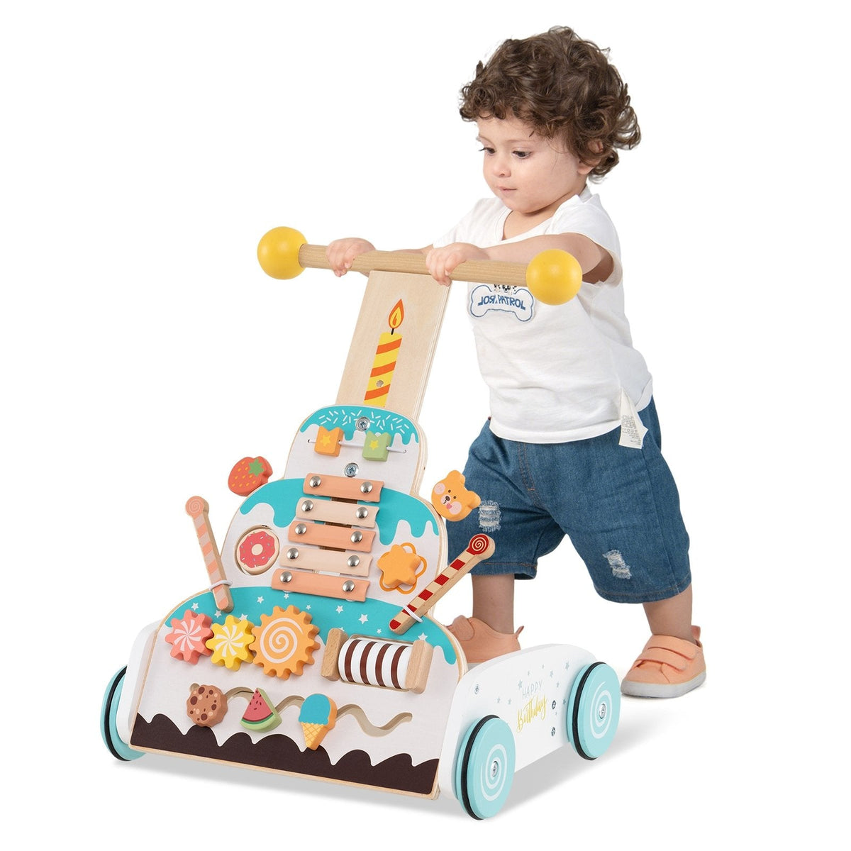 Wooden Baby Walker with Adjustable Heights and Smooth Wheels-White