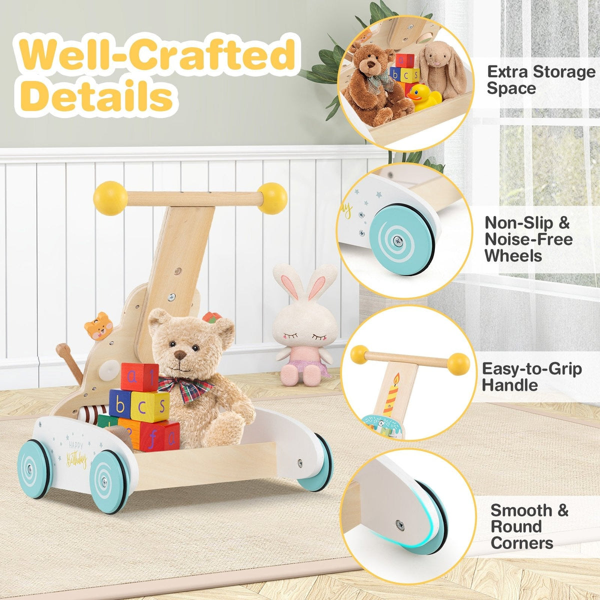 Wooden Baby Walker with Adjustable Heights and Smooth Wheels-White