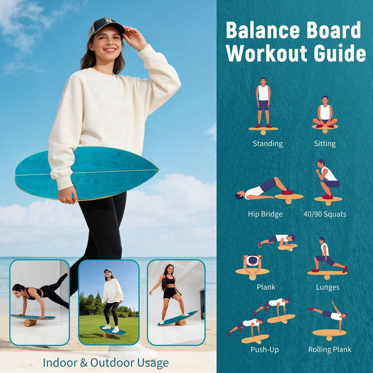 Wooden Balancing Board with Cork Roller and Storage Rack to Exercise-Blue