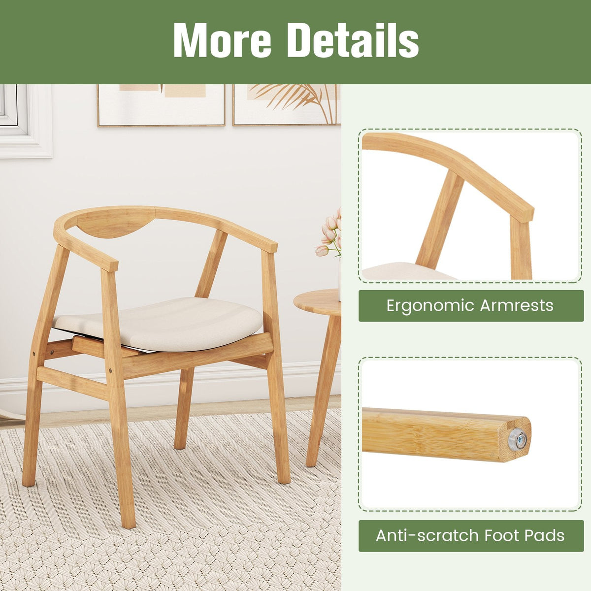 Wooden Bamboo Accent Chair with Armrest and Curved Backrest-Natural