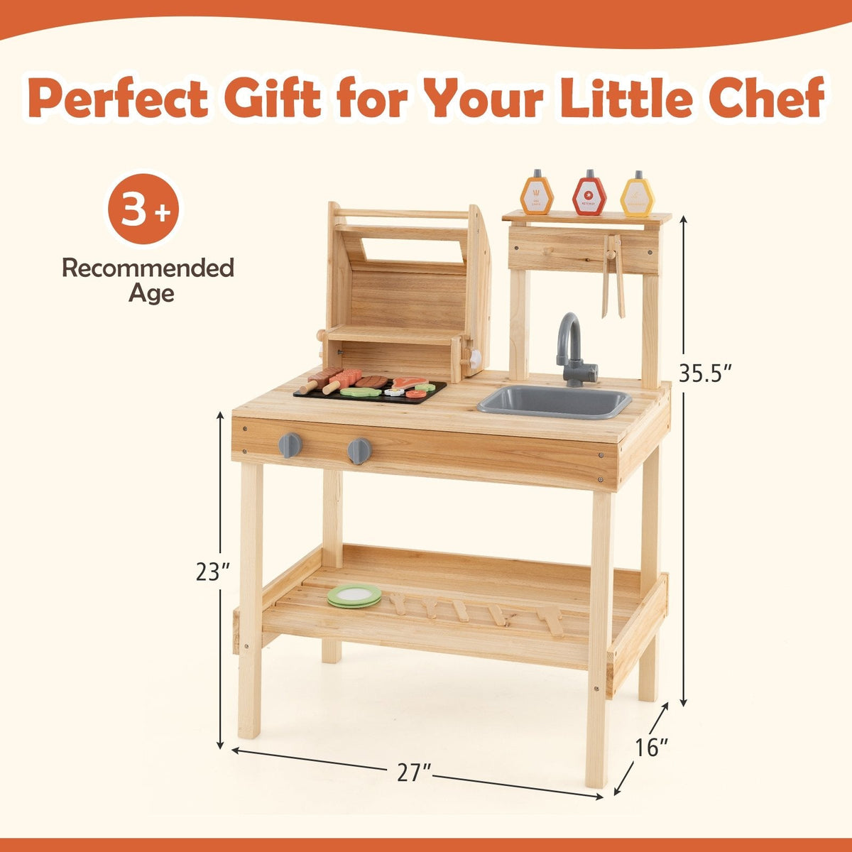 Wooden Barbecue Grill Playset with Play Food and Open Shelves-Natural