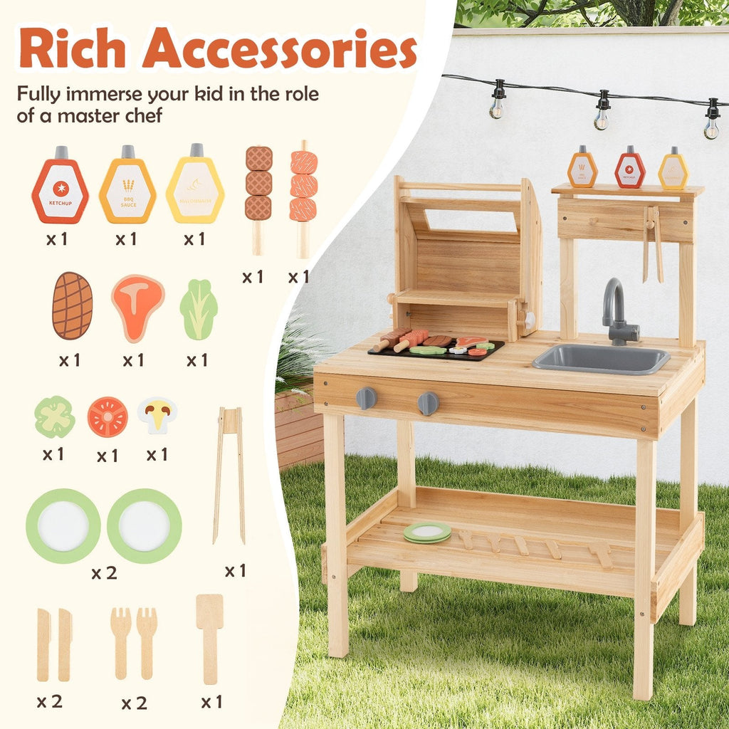 Wooden Barbecue Grill Playset with Play Food and Open Shelves-Natural