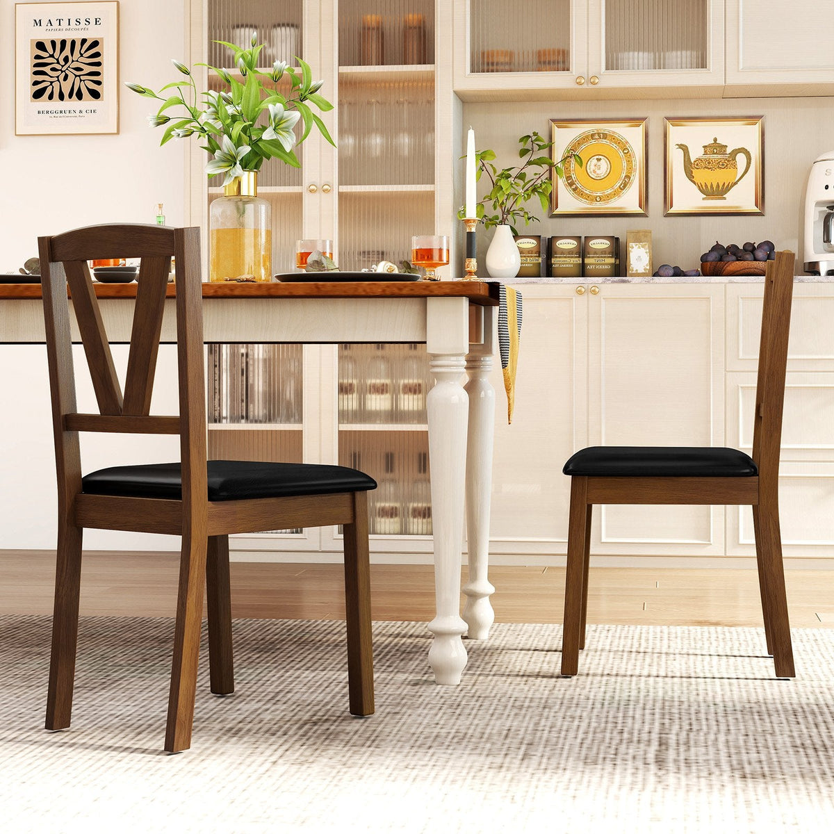 Set of 2 V Back Dining Chairs with Black PU Seat, Walnut Rubber Wood