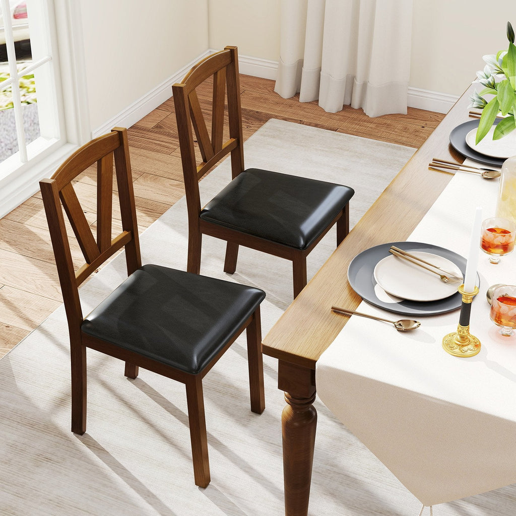 Set of 2 V Back Dining Chairs with Black PU Seat, Walnut Rubber Wood
