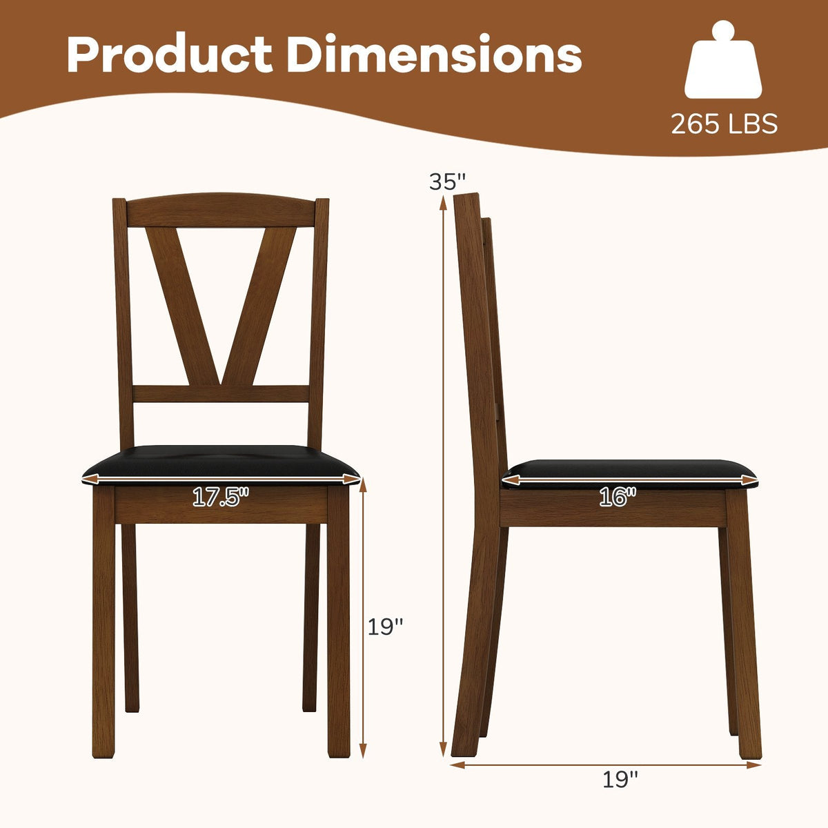 Set of 2 V Back Dining Chairs with Black PU Seat, Walnut Rubber Wood