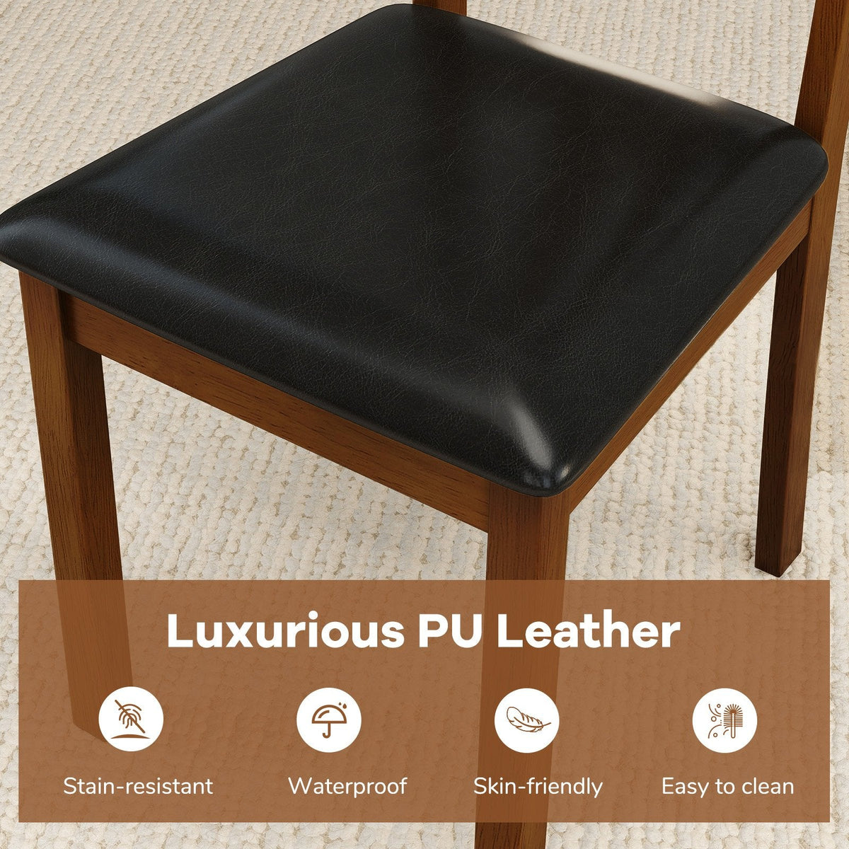 Set of 2 V Back Dining Chairs with Black PU Seat, Walnut Rubber Wood