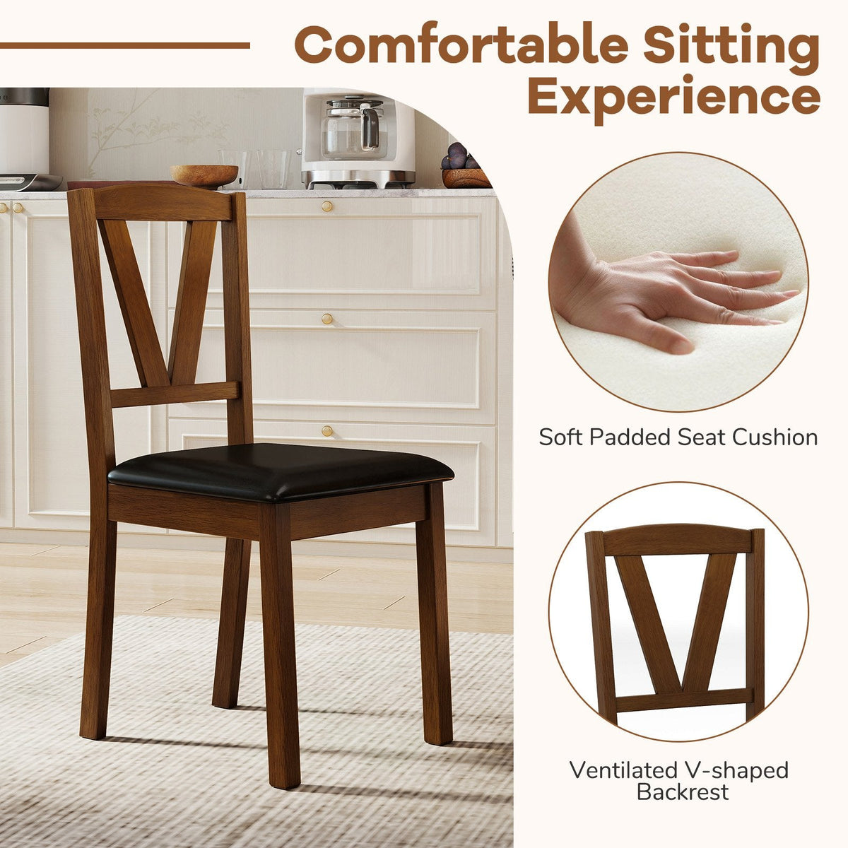Set of 2 V Back Dining Chairs with Black PU Seat, Walnut Rubber Wood