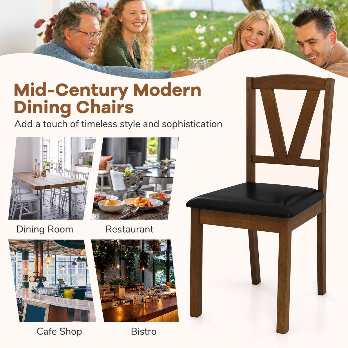 Set of 2 V Back Dining Chairs with Black PU Seat, Walnut Rubber Wood